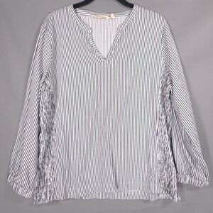 Soft Surroundings Women's Top MEDIUM Smocked Long Sleeve Top Striped Blue White